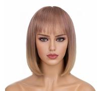 Synthetic Pink Short Bob Wigs With Bang Straight Wig Grey 10" Hair Wigs For Natural Brown Black Women 's Afro Wigs-Pastel peach-10inches
