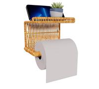 Synthetic Rattan Toilet Paper Holder with Shelf - Fits Mega Rolls, Boho Bathroom Decor Roll Holder for RV, Washroom, Kitchen - Water-Resistant Woven Tissue Dispenser (Natural, Screw Mount)