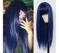 Synthetic Replacement Hair Wig With Bangs Blue Colour Heat Resistant No Lace Wigs for Fashion Women