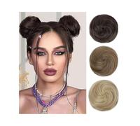 Synthetic Space Bun 2Pcs Mini Claw Clip in Messy Cat Ears Fake Hair Bun Donut Updo Hairpieces for Women(Dark Blonde+Bleach Blonde)