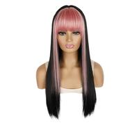 Synthetic Wig With Bangs Long Straight Hair Wigs for Women Smooth Natural Wigs Black Pink Piano Color Wig Female(Pink and black)