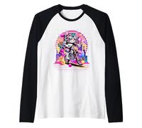 Synthwave Cat Riding Dirt Bike 80s Retro Vaporwave Style Raglan Baseball Tee
