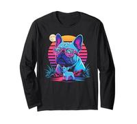 Synthwave French Bulldog Howling to The Moon Frenchie Long Sleeve T-Shirt