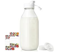 Syntic Square Liter Glass Milk Bottles with Airtight Lid - 100% Leak-Proof Heavy Duty Screw Cap, 32 Oz Glass Juice Bottles w Scale Mark, Reusable Jugs Pitcher for Homemade Juice(Extra 1 Lid and Pen)
