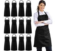 Syntus 12 Pack Bib Apron, Unisex Aprons Adjustable Waterdrop Resistant with 2 Pockets Cooking Kitchen Apron for Chef, BBQ Drawing Apron Bulk, Black
