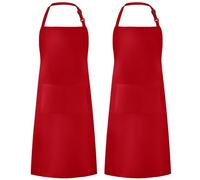 Syntus 2 Pack Adjustable Bib Apron Waterdrop Resistant with 2 Pockets Cooking Kitchen Aprons for Women Men Chef, Basic Red, 33.07*27.17in
