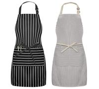 Syntus 2 Pack Adjustable Bib Apron Waterdrop Resistant with 2 Pockets Cooking Kitchen Aprons for Women Men Chef, Stripe Black Brown, 26.77×33.07 inch