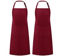 Syntus 2 Pack Adjustable Bib Apron Waterdrop Resistant with 2 Pockets Cooking Kitchen Aprons for Women Men Chef, Basic Red Dark, 26.8 × 33.1 inch