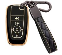 Syodiesn for Ford Key Fob Cover Soft TPU with Leather Keychain Keyless Protection Key Fob Case Fit for 2018-2025 Ford Explorer Bronco F150 Mustang Ranger Escape Edge Expedition Fusion 4 Button, Black