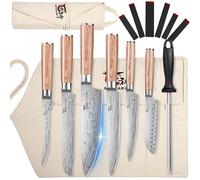 SYOKAMI Chef Knife Set with Roll Bag, Professional Japanese Kitchen Knives Sets, Damascus Pattern Pakkawood Wooden Handle, High Carbon Steel Knives with Case for Camp Outdoor Travel Gift 9 Piece