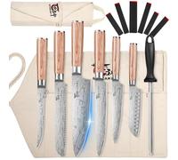 SYOKAMI Chef Knife Set with Roll Bag, Professional Japanese Kitchen Knives Sets, Damascus Pattern Pakkawood Wooden Handle, High Carbon Steel Knives with Case for Camp Outdoor Travel Gift 9 Piece