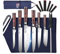 SYOKAMI Knife Set, 9 Piece Japanese Kitchen Chef Knife Sets with Roll Bag, Professional Wooden Handle, High Carbon Steel Kitchen Knives with Case for Cooking Camp Outdoor Travel