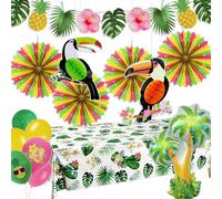 Syoulin-Hawaii Tropical Party Decorations,Tiki Bar,Summer Jungle/Garden Party Decorations-Hawaiian Themed Tablecloths/Parrot Stereo Honeycomb/garland/paper fan/Coconut foil balloons/latex balloons