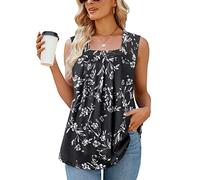 Syphiby Business Casual Tops for Women, Ladies Sleeveless Square Neckline Pleated Front Flowing Loose Vacation Clothes Beautiful Tropical Summer Outfits Plus Size,Black-2XL