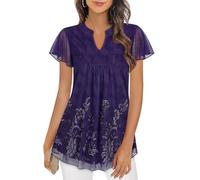 Syphiby Chiffon Blouse for Women UK - Plus Size V Neck Ruffle Short Sleeve Floral Tunic Shirt - Dressy Casual Flowy Mesh Top for Summer Vacation - Dark Purple 2XL