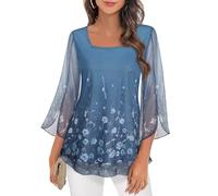 Syphiby Chiffon Tops for Women UK, 3/4 Sleeve Blouses for Women Double Layer Top Elastic Mesh Casual Blouse Square Neck Flowy Shirts for Work Daily Party Wear