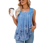 Syphiby Floral Tops for Women, Sleeveless Square Neck Pleated Front Loose Flowing tops to hide belly for women Flowing Stunning Flattering Hawaiian Outfits,Blue-Large