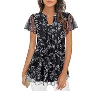 Syphiby Flutter Sleeve Tops for Women, V Neck Dressy Casual Tops Layered Chiffon Blouses Floral Print Pleated Front Tunics Shirts Wedding Party Beach Flowy Fashion Summer Clothes Black L