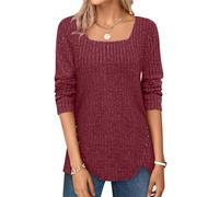Syphiby Petite Jumpers Long Sleeve Tops Ladies Lightweight Knit Jumpers Square Neck Pullover Sweaters Fall Winter Tops Laides Longline Tops Fashion Fall Clothes Evening Tops Wine Red