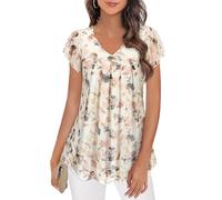 Syphiby Tops for Women UK Floral Tunic Shirts for Womens Chiffon Blouse for Women Flowy Shirt Short Sleeve Tunic Top to Wear with Leggings V Neck Dressy Summer Tops