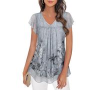 Syphiby Tunic Blouses for Women, Short Sleeve Womens Blouses and Tops Casual Layered Tunics Flowy Pleated Shirts Outfits Loose Fit Summer Office Work Clothes Maternity Evening, Grey-XXXL