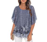 Syphiby Tunic Tops for Women, Fashion Chiffon Blouses Summer Casual Crew Neck Ruffle 3/4 Sleeve Tops Flowy Loose Flutter Flattering Tops Shirts,Grey-Large