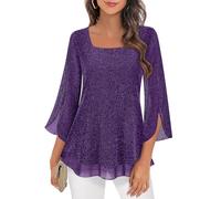 Syphiby Womens Blouses Ruffle 3/4 Sleeve Tunic Tops Loose Flowy Square Neck Chiffon Top Double Layers Mesh Shirts M-3XL