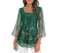 Syphiby Womens Blouses, Ruffle 3/4 Sleeve Tunic Tops Loose Flowy Square Neck Party Tops for Women UK Double Layers Mesh Shirts Green