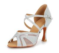 Syrads Women's Ballroom Latin Dance Shoes with Rhinestones Salsa Tango Bachata Indoor Dancing Shoes for Wedding Party Prom 1050, Silver-9cm Cuba Heel, 4 UK, Black,Silver 9cm Cuba Heel