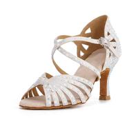Syrads Women's Rhinestone Ballroom Dance Shoes Latin Salsa Dancing Shoes Cross Strap Ballroom Dance Shoes,White 7.5cm Heel,4 UK