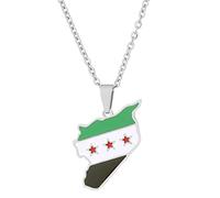 Syria Map Pendant Necklace with Chain and Bail Attachment | Green White and Black Design with Three Red Stars, Recognizable Map Shape, Complete Necklace for Decorative Wear