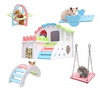 Syrian Hamster Toys Set, Improved Version 8.7 IN Large Hamster House, Wooden Gerbil Hideout, Small Animals Seesaw, Guinea Pig Sport Exercise Toys, Rainbow Bridge, Swing, Dwarf Hamster Cage Accessories