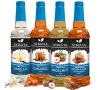 SYRUVIA Syruvia Sugar Free Coffee Syrup Variety Pack: Vanilla, Caramel, Hazelnut & Cinnamon Brown Sugar - Gluten Free, Kosher, 25.4 fl oz Bottles - Enhance Your Coffee Experience,
