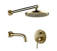 System,10inch Brass Round Bathroom Faucet Rainfall Wall-Mount Head Mixer System Brushed Gold Shower Set