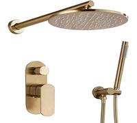 System Brushed Gold Concealed Solid Brass Bathroom Set Rianfall 8-12" Head Faucet Wall Mounted Shower Arm Mixer Water Set,8inch