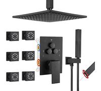 Systems Brass Ceiling Mount Push Button Diverter in Handheld Set Inch Rain Head with 6 PCS Two Modes Body Jets, Luxury Shower Set,Matte Black