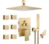 Systems Brass Ceiling Mount Push Button Diverter in Handheld Set Inch Rain Head with 6 PCS Two Modes Body Jets, Luxury Shower Set,Brushed Gold