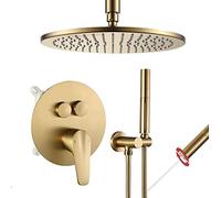 Systems Ceiling Mounted Push Button Diverter Set with in Handheld, 10 Inches Brass Rainfall Head, Luxury Shower Set,Brushed Gold