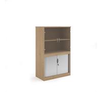 Systems combination unit with tambour doors and glass upper doors 1600mm high with 2 shelves - Kendal Oak