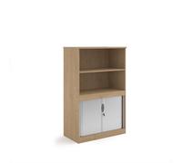Systems combination unit with tambour doors and open top 1600mm high with 2 shelves - Kendal Oak