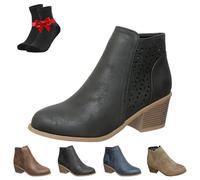 SYT-MD Women's Chunky Mid-Heel Slip-On Leather Orthopaedic Ankle Boots, Retro Hollow Out Side Zipper Booties(Black,7 UK)