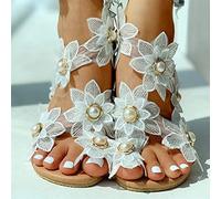 Sytaun Cute Women Fashion Lace Flowers Faux Pearls Inlaid Shoes Summer Clip Toe Flat Sandal White 39