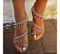 Sytaun Plus Size Women Rhinestone Faux Pearl Tassel Shoes Summer Clip Toe Flat Sandal Fashion Retro Women's Sandals Golden 35