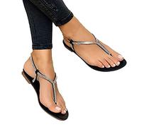 Sytaun Women Flat Sandal, Women's Sandal, Flip Flops Sandals Rhinestone Toe Separator Women Strappy Flat Anti Skid Sandals for Beach Black 36