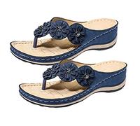 Sytaun Women Flat Sandal, Women's Sandal, Flower Round Toe Wedge Open Toe Anti-slip Sandals Flip Flops Footwear for Daily Life Blue 38