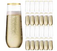 Sythrix Plastic Champagne Flutes 25 Packs Champagne Flutes Plastic with Gold Rimmed, 270ml/9.13oz Stemless Wine Glasses Champagne Glasses for New Year Party Wedding Halloween Christmas Birthday Party