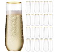 Sythrix Plastic Champagne Flutes 25 Packs with Gold Rimmed, 270ml/9oz Stemless Plastic Wine Glasses Champagne Flutes for Wedding Birthday BBQ Party Oktoberfest