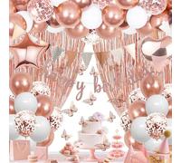 Sythrix Rose Gold Birthday Decorations Set for Women, Happy Birthday Banner,Confetti Balloons,Fringe Curtain,Star Foil Balloon,Tablecloth & Crown for Party Decorations (Pink 55 Pcs-Butterfly)