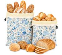 Sytinnice 2 Pack Beeswax Bread Bags for Home Bakers, 43 x 33 cm Reusable Sourdough Bread Storage Bags with Natural Beeswax Lining, Washable Cotton Bags for Homemade Loaves-Blue Floral