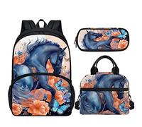 SYtrade 3D Floral Animal Backpack Set Kids Lunch Bag Pencil Case Combo, Blue Horse Orange, Rucksack Backpacks